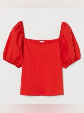 H&M Red Square-Neck Puff Sleeve Top